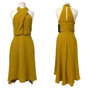 NWT Halston Heritage Yellow Gold Honey Comb Halter High Low Midi Dress Size 6